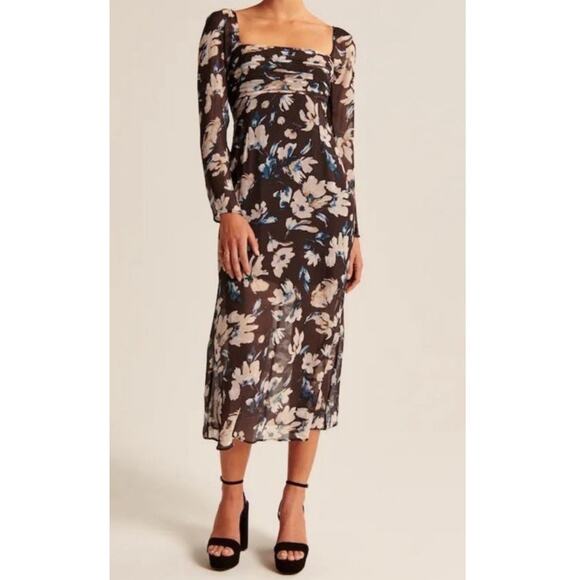 Abercrombie & Fitch Brown Chiffon Long Sleeve Sheer Floral Midi Dress Sz Medium - Picture 1 of 8
